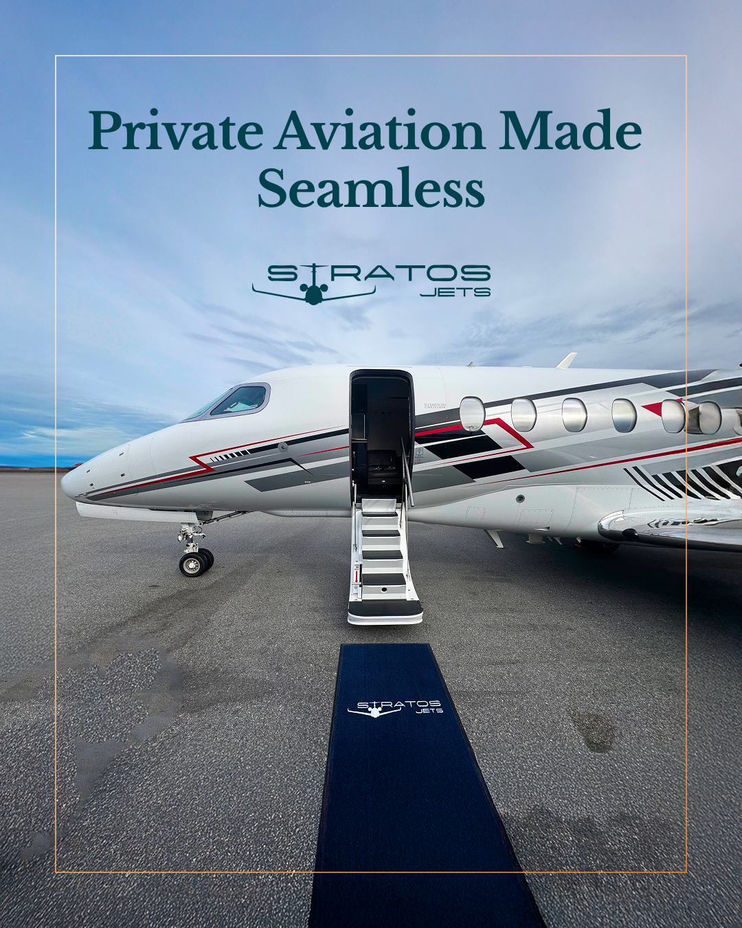 Private jet with Stratos Jets branding ready for departure