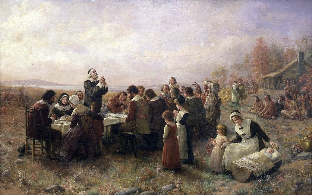 Thanksgiving-Brownscombe The Pilgrims thank the Lord for his blessings during the First Thanksgiving