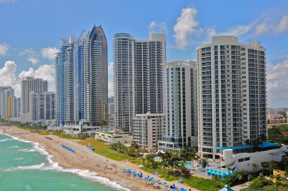 An aerial view of the luxury hotels at Miami Beach.