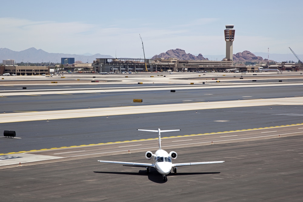 A private jet sits on the tarmac in Phoenix, Arizona.