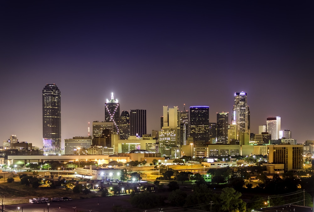 The night skyline of Dallas, Texas.
