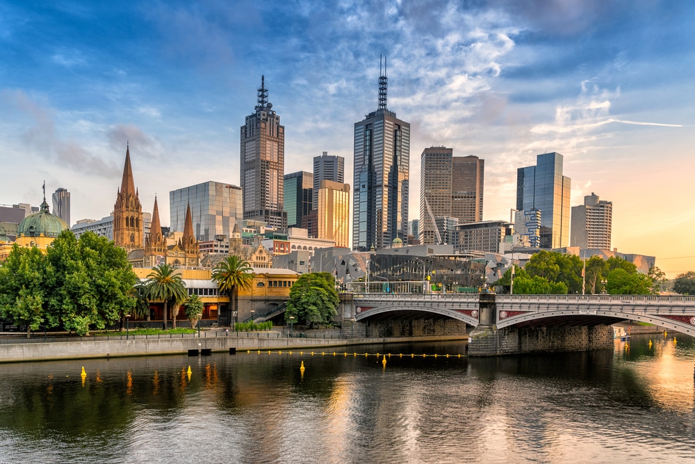 The Melbourne skyline at dusk.