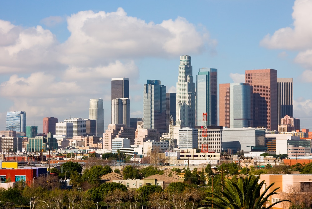 A skyline view of downtown Los Angeles.