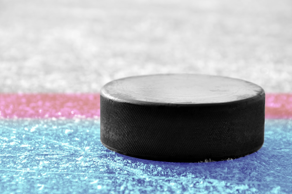A black hockey puck sits center-ice.