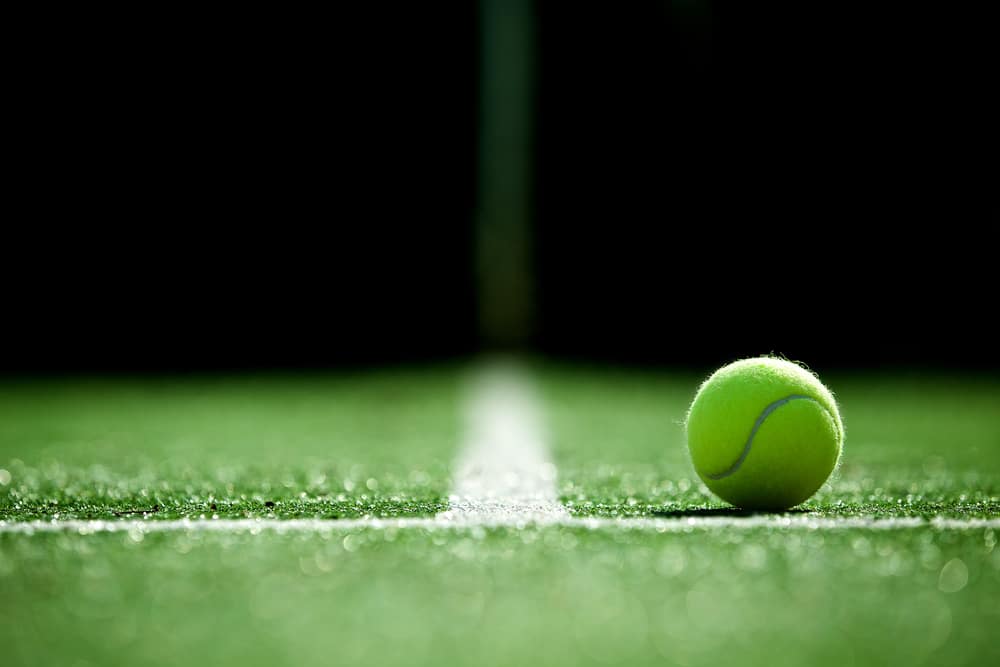 A soft focus image of a tennis ball on a grass court.