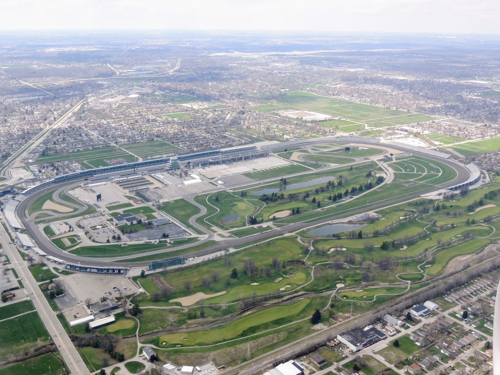 An aerial photo of the Indianapolis Motor Speedway where the Indy500 race is held.