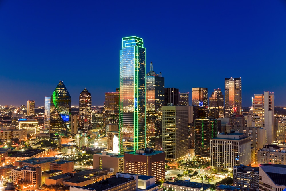 The cityscape of Dallas, Texas at night.