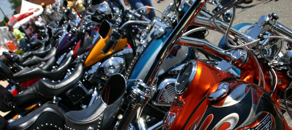 A line of motorcycles at the Sturgis Bike Rally.
