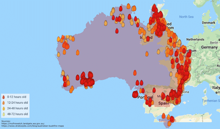 Australian bushfires 2020 overlay UK