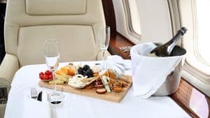 cheese and champagne on private jet