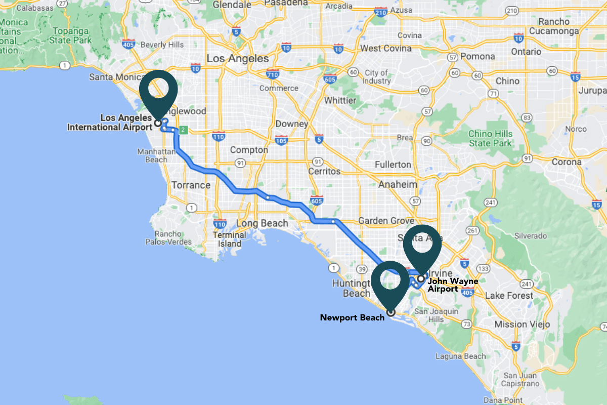 Map of LAX, John Wayne Airport and Newport Beach