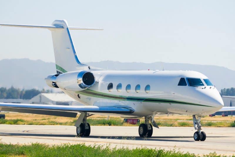 A gulfstream jet taxiing for takeoff.