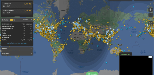 screenshot of aircraft across the world via FlightRadar24 website