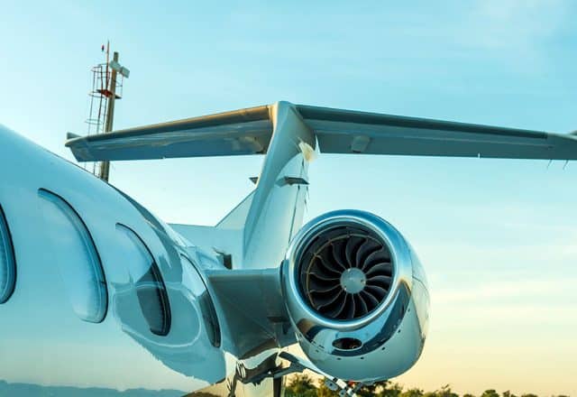 A close-up view of a private jet’s turbine engine.