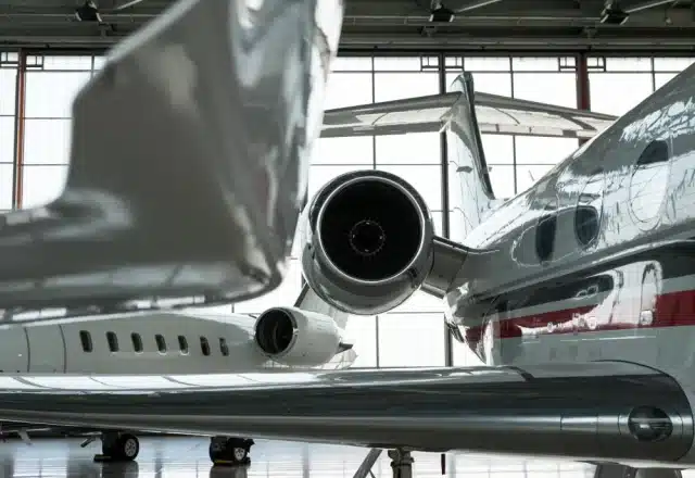 Private jets in a hangar
