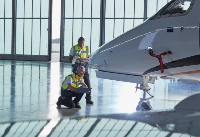 Flight crew inspecting a private jet