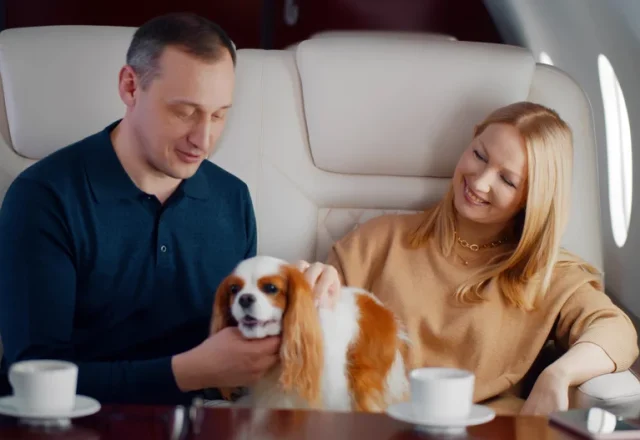 Two owners pet their dog while sitting on a private jet.