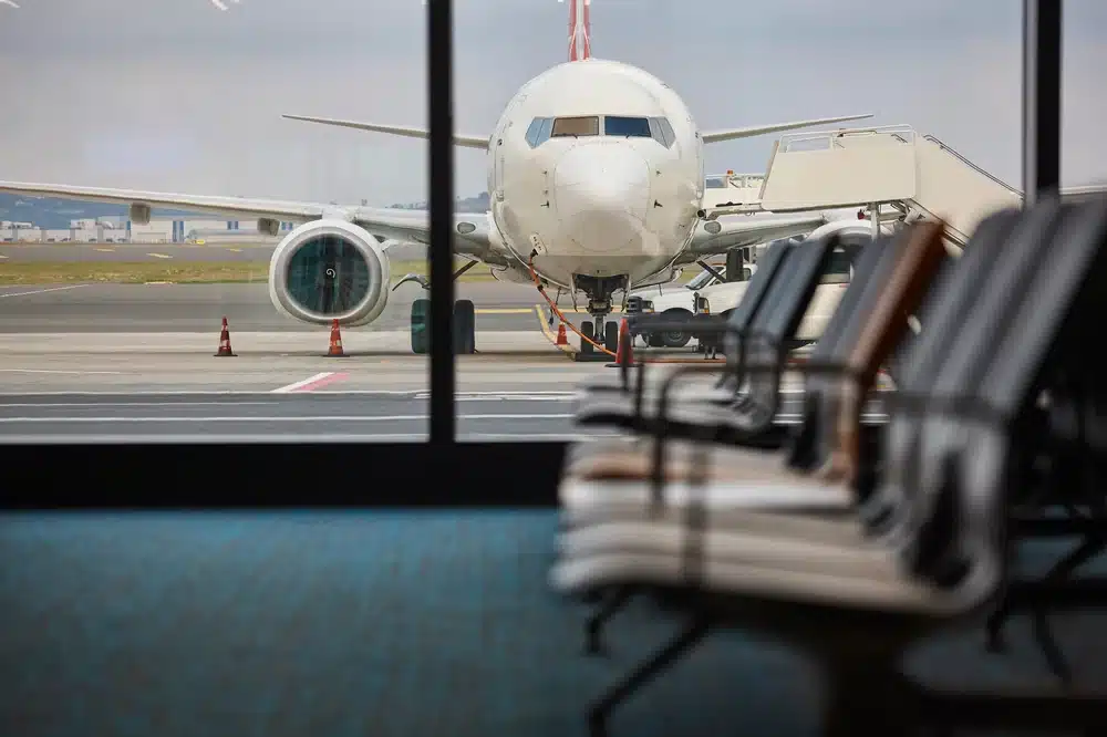 A commercial jet as seen from an airport