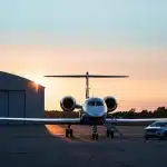A luxury car parked next to a private jet at sunset.