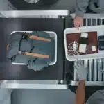 A top-down view of luggage going through a x-ray machine.