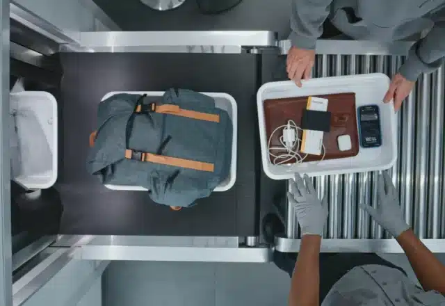 A top-down view of luggage going through a x-ray machine.