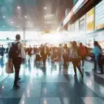 Blurry crowds inside a busy airport.