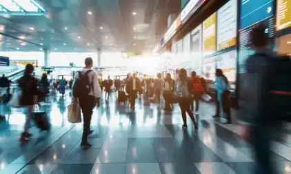 Blurry crowds inside a busy airport.