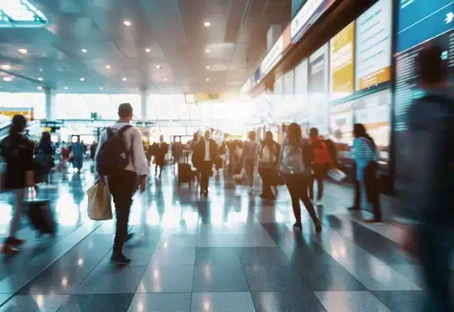 Blurry crowds inside a busy airport.